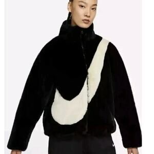 Nike Faux Fur Jacket Big Swoosh Womens Size XS Full Zip Coat Black/Fossil